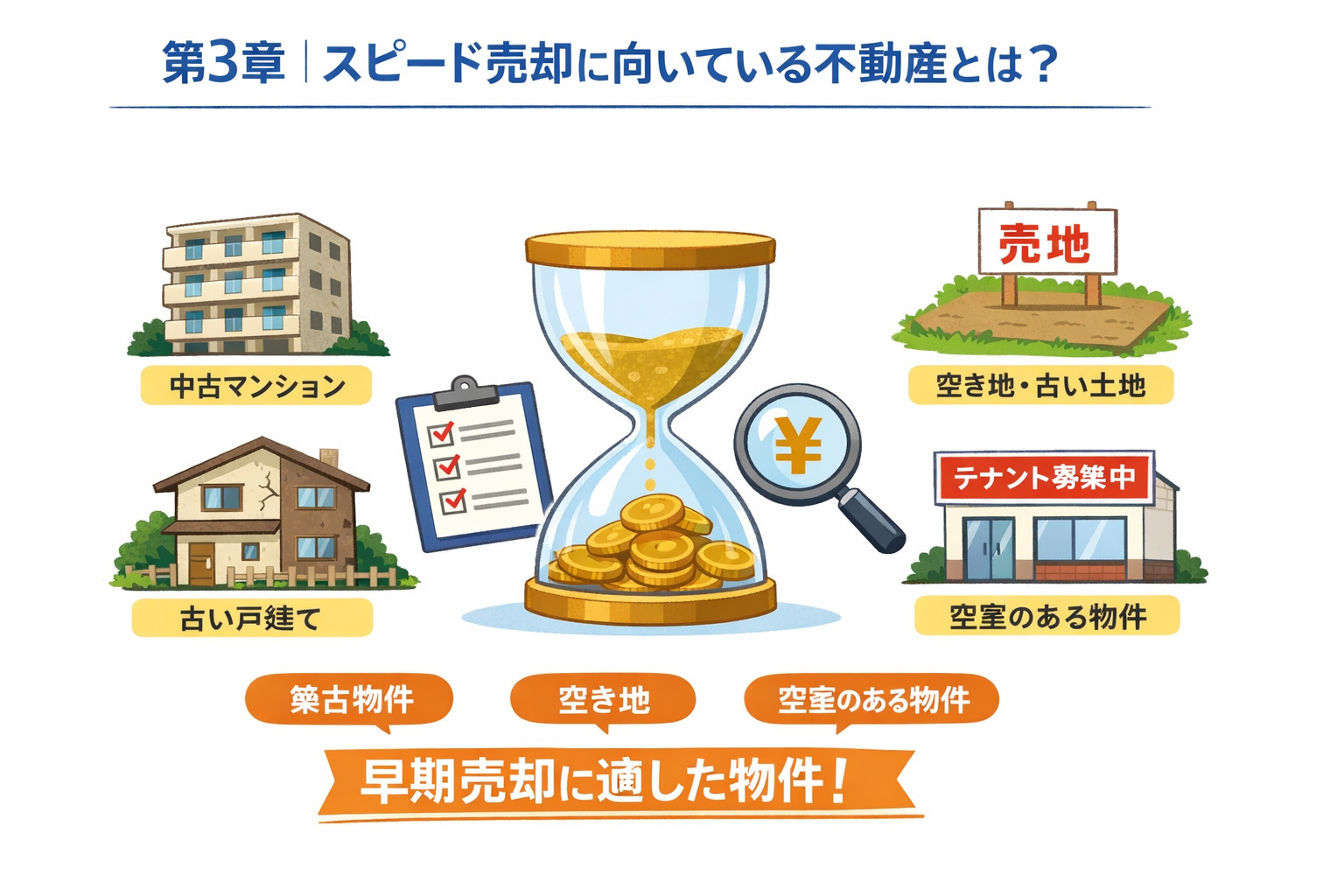 不動産スピード売却に向いている物件の種類を表すイメージ画像