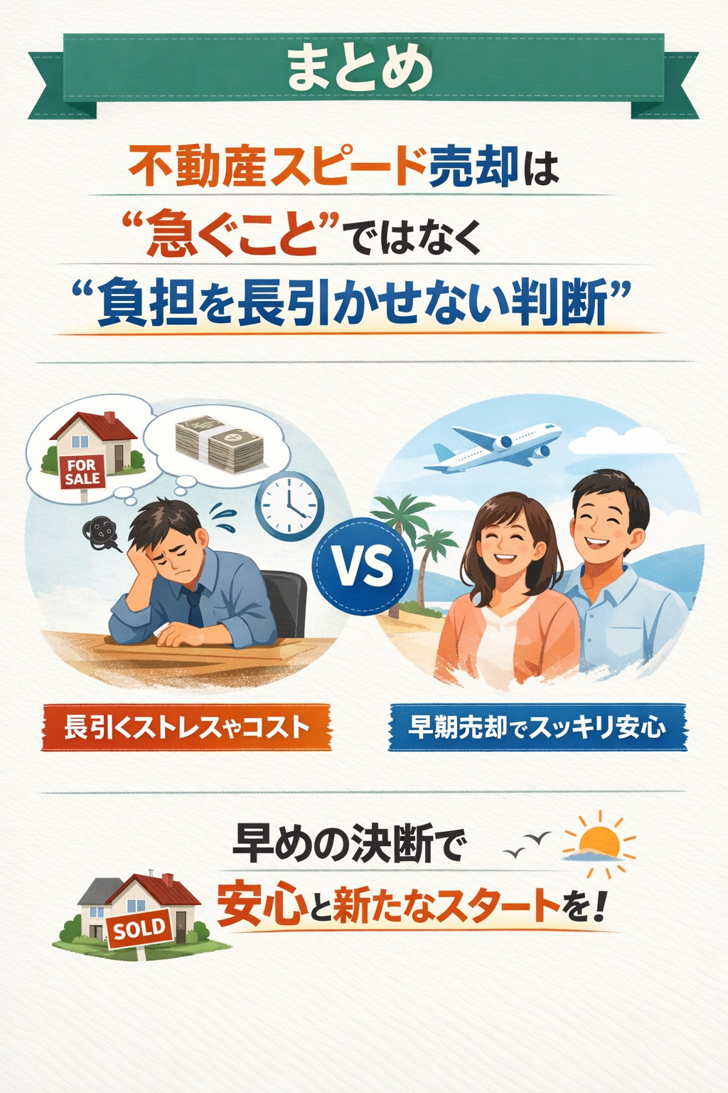 不動産スピード売却は負担を長引かせない判断であることを表すまとめ画像