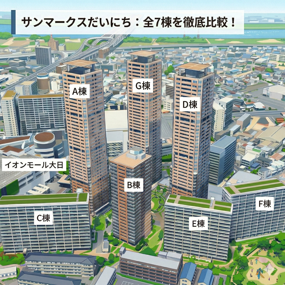 サンマークスだいにち。構造、設備、駅距離。全7棟を比較。の画像