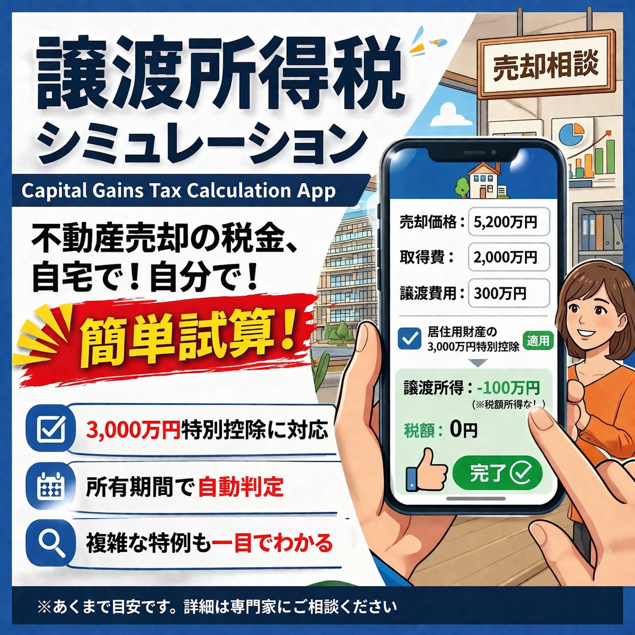 建売・マンション売ったら、手元にいくら残る？譲渡所得税シミュレーション（取得費・減価償却・税率・ A4出力版）