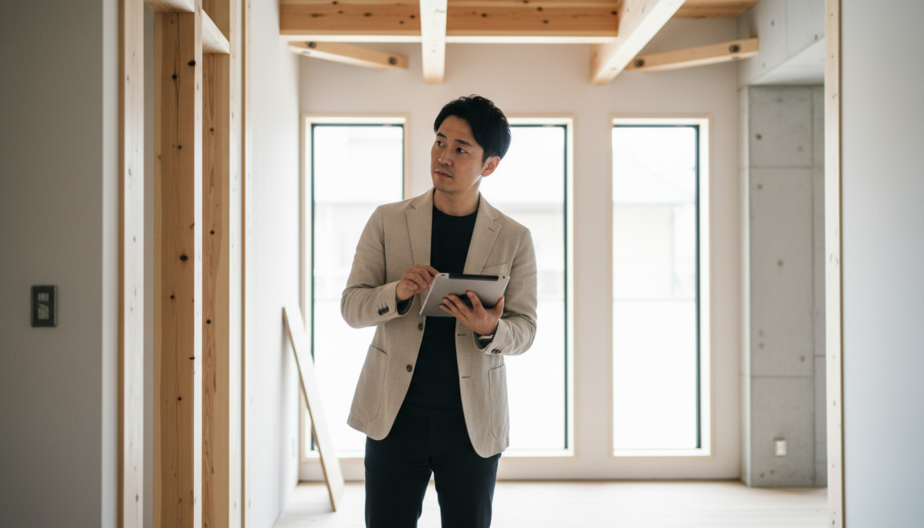 株式会社 高翔の建築士が投資用物件の劣化状態を厳密にチェックしている様子