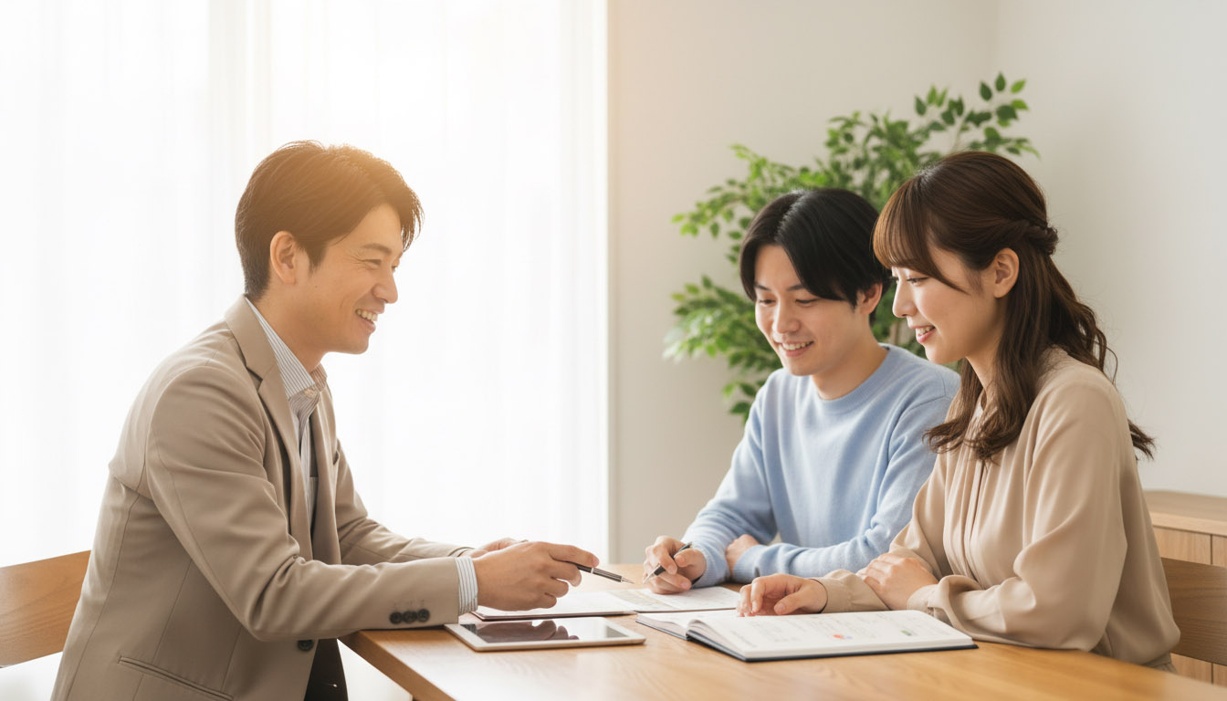 高翔バイセルの担当者と一緒に笑顔で投資計画を話し合うお客様の様子