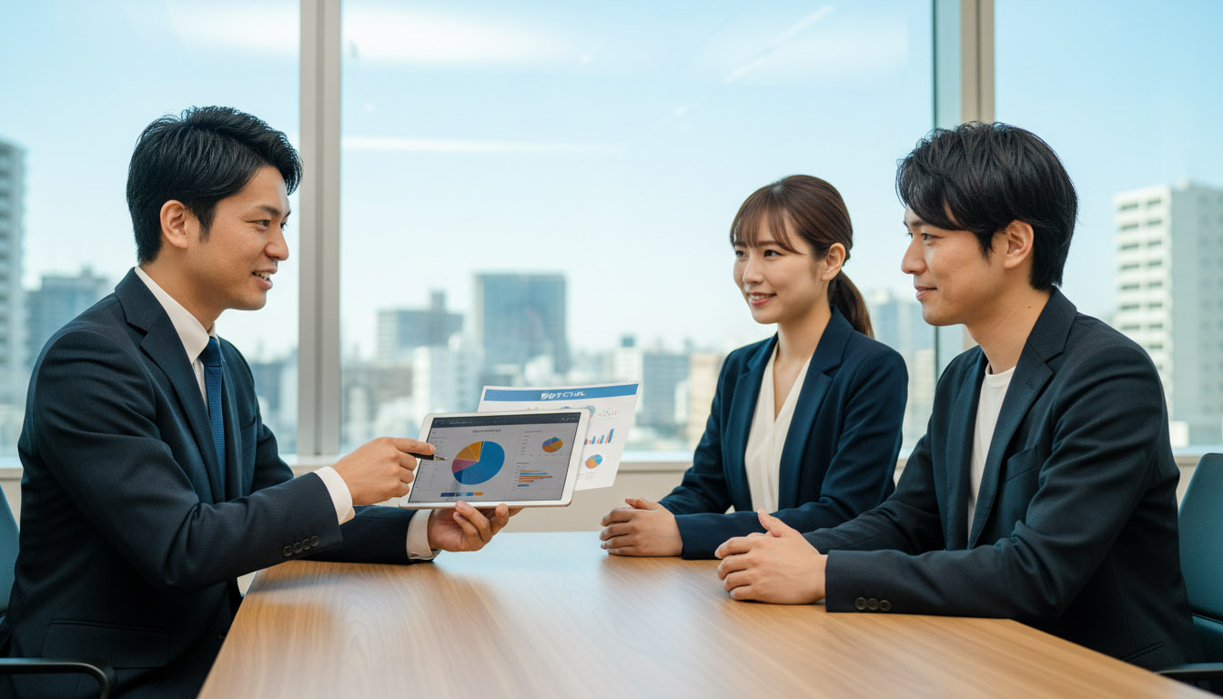 高翔バイセルのオフィスで、お客様に合わせた不動産投資のポートフォリオを提案する様子