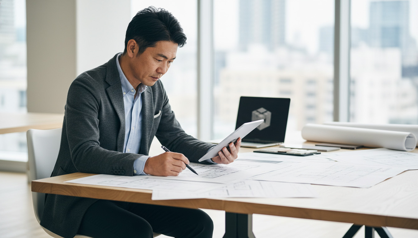 株式会社 高翔の建築士が投資用物件の図面を確認しながら、リノベーション計画を立てている様子