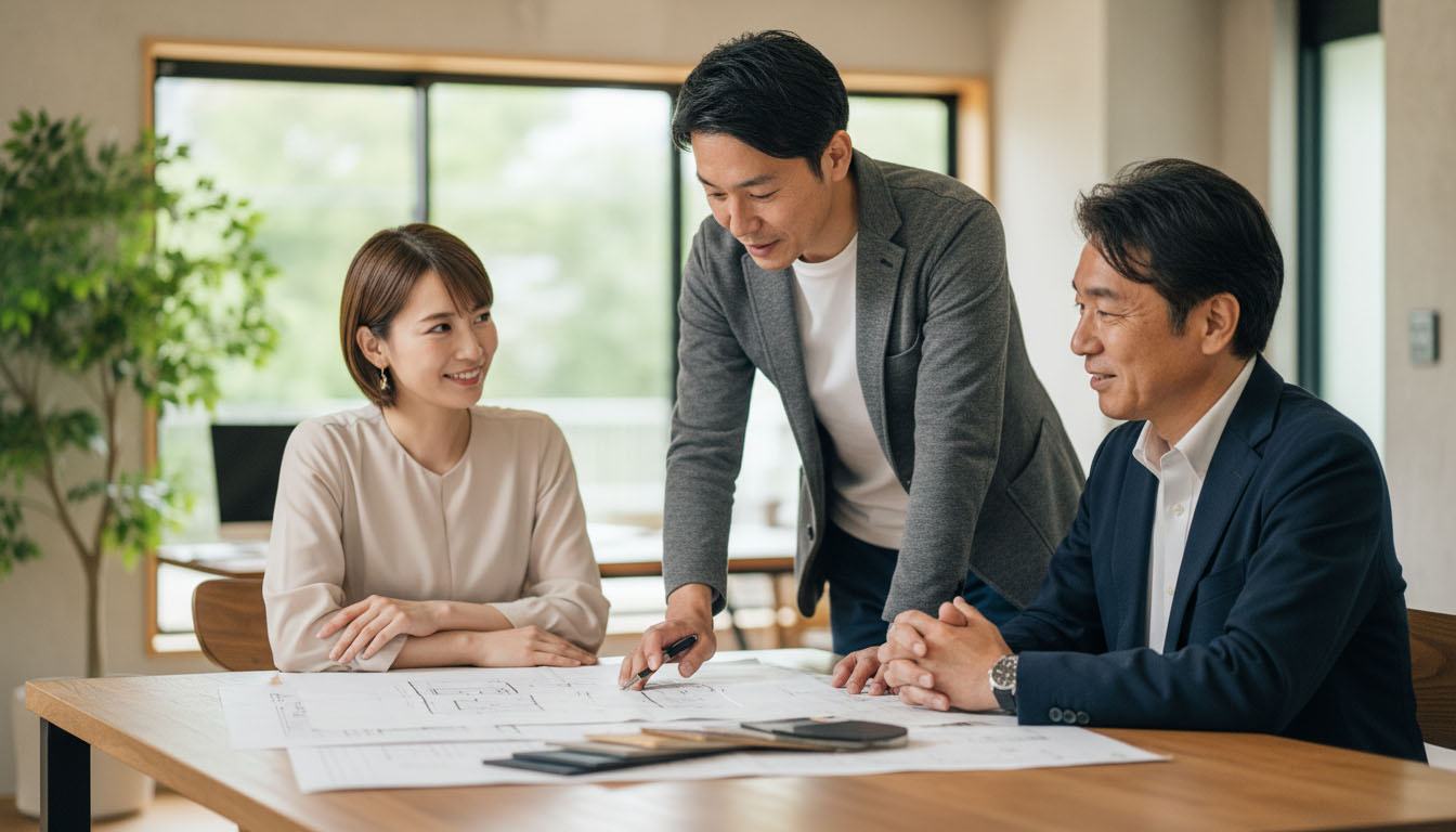 高翔の建築士と不動産担当者が協力して中古物件のリノベーション計画を説明している様子