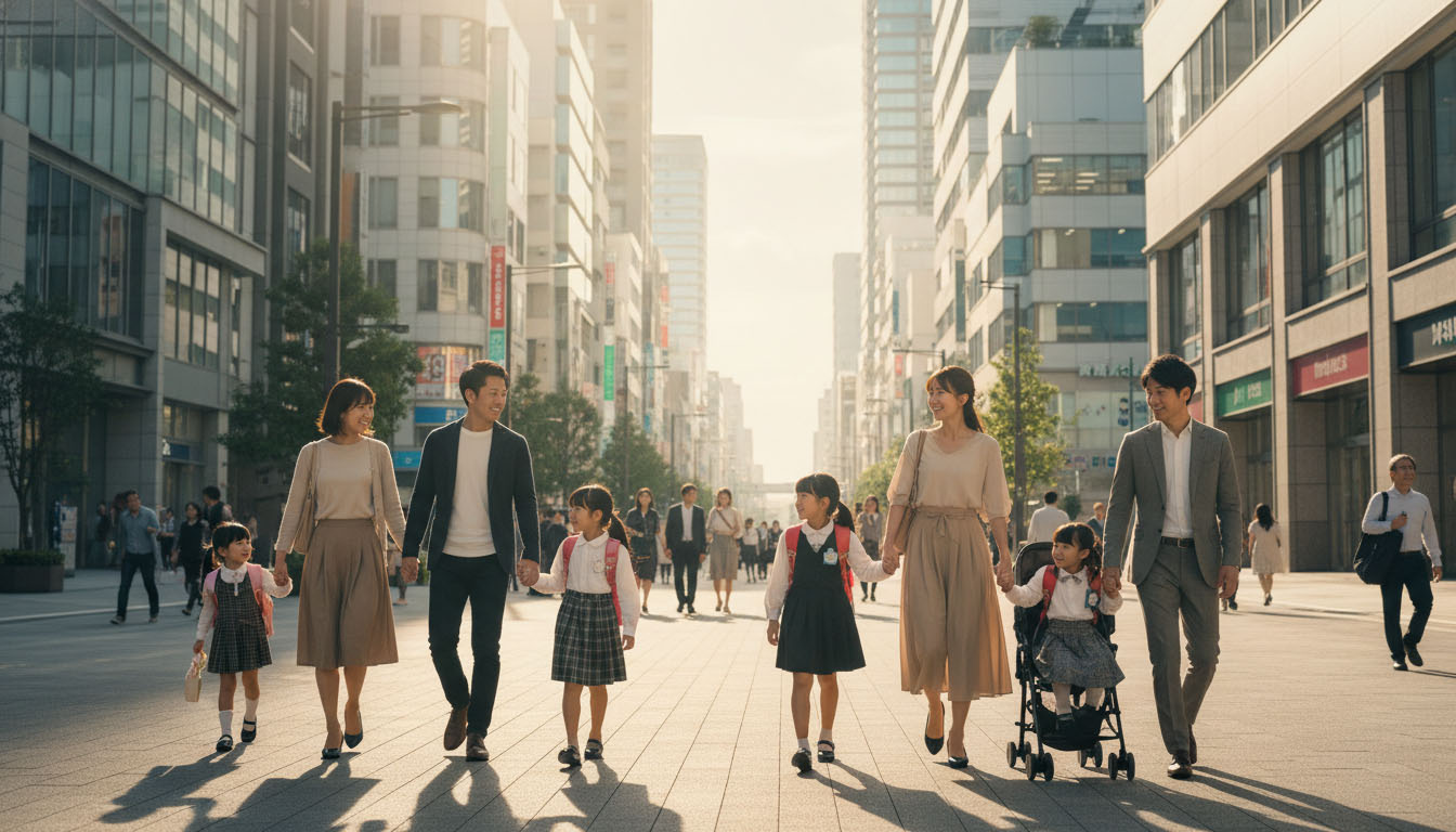 西宮北口エリアの大型商業施設と進学塾に通う親子連れのイメージ