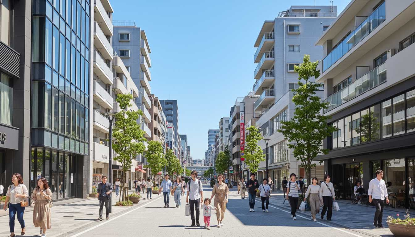 JR住吉駅や阪神西宮駅周辺のような、商業施設が充実し活気ある阪神間の街並み