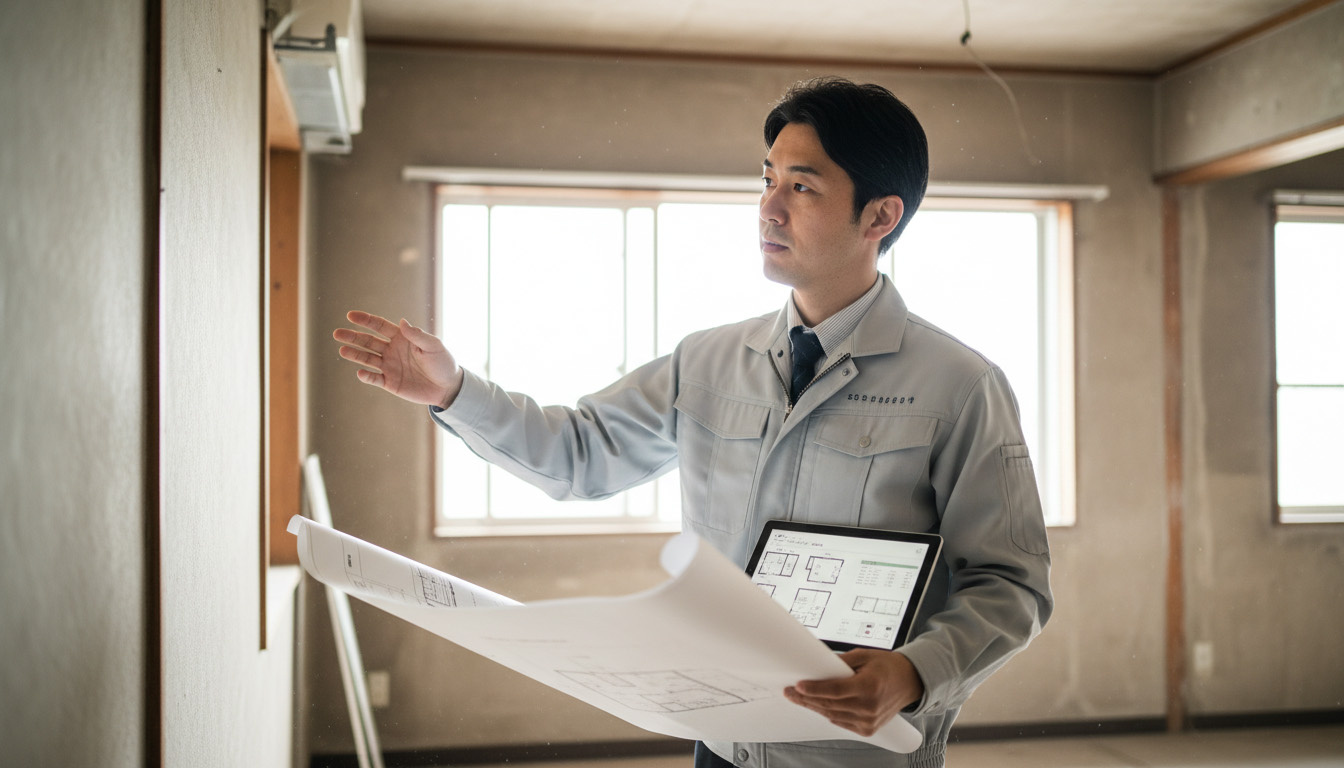 株式会社 高翔のプロが、物件の構造や劣化状況を詳細に調査し修繕計画を立てている様子