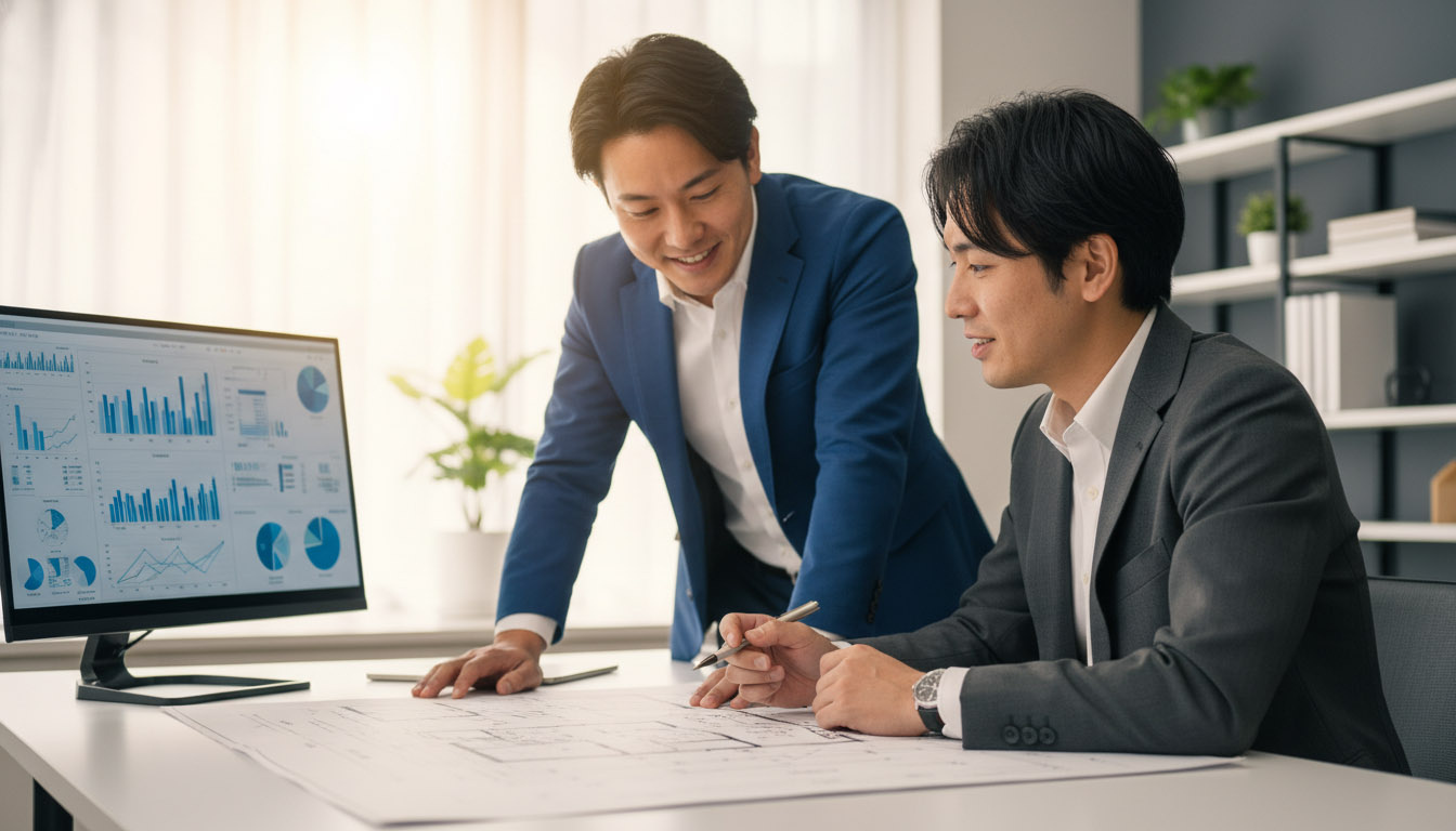 高翔バイセルの担当者と工務店の建築士が、銀行提出用の修繕計画・事業計画を作成している様子