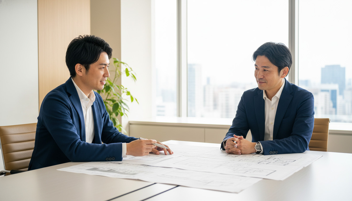 修繕費と資本的支出の違いを説明する、建築士と投資家の打ち合わせ風景