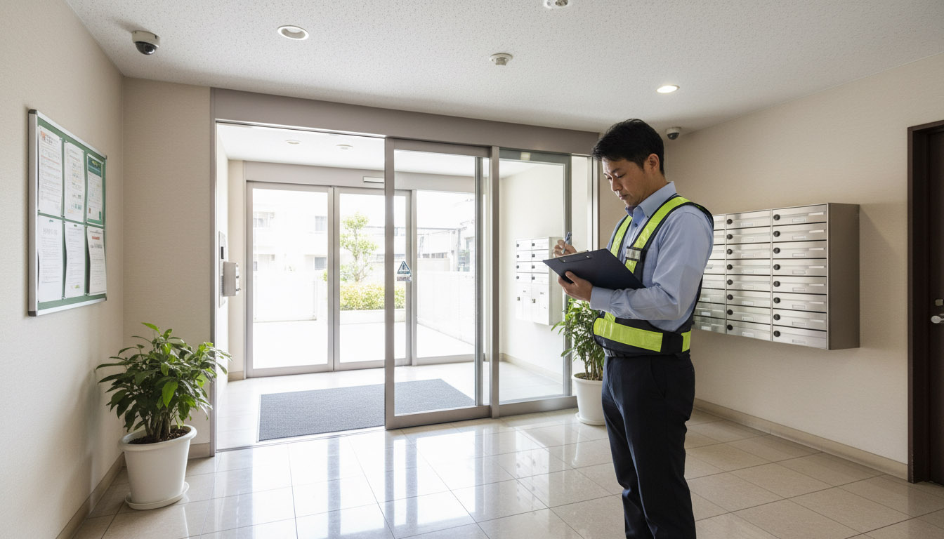 マンションのエントランスやゴミ捨て場など、共用部の管理状態をチェックする様子