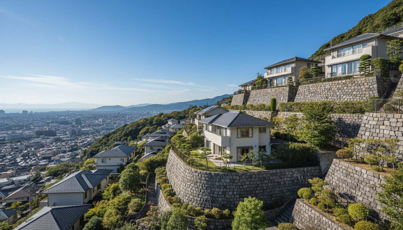 神戸市東灘区や灘区に見られる、六甲山麓の傾斜地に建つ住宅街と擁壁の風景