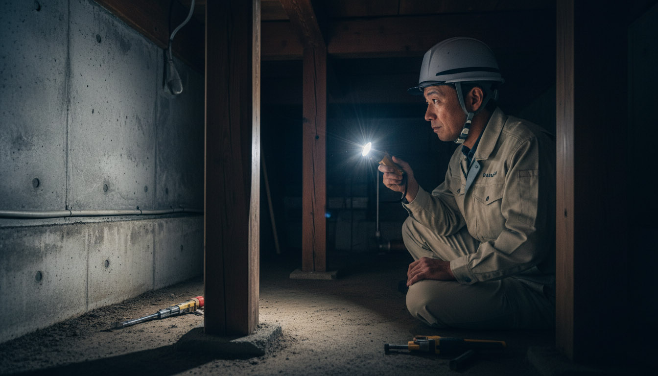 株式会社 高翔の建築士が、専用のライトを用いて床下の基礎やシロアリ被害の有無を詳細に点検している様子