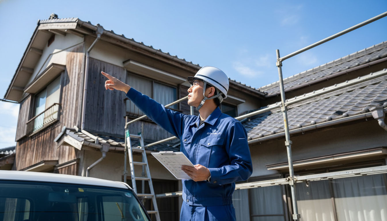 外壁、屋根、水回りの修繕箇所をチェックする建築士のイメージ