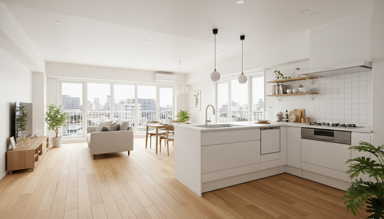 和室を無くし、広々とした対面キッチン付きの2LDKへ生まれ変わったリビング