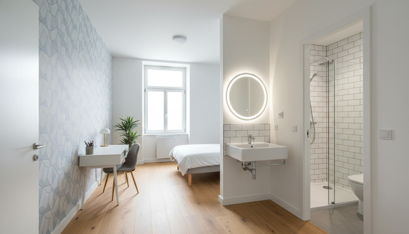 3点ユニットバスを分離し、独立洗面台とスタイリッシュなアクセントクロスを採用した単身向けワンルーム