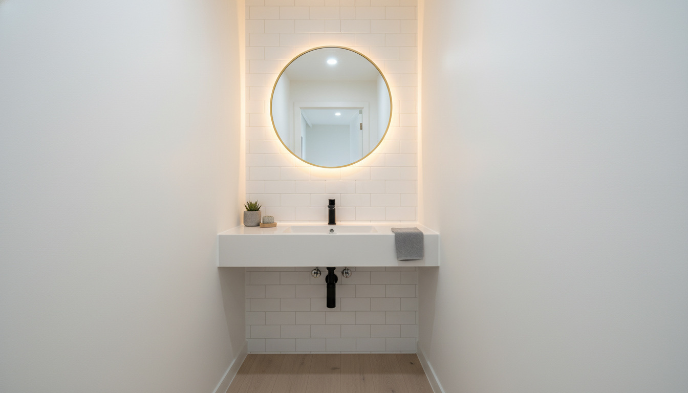 ワンルームの廊下の一部やデッドスペースを活用して新設された、スタイリッシュでコンパクトな独立洗面台