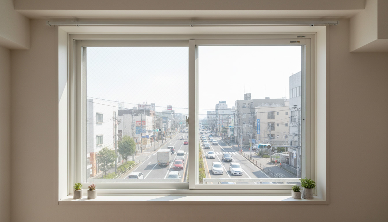 交通量の多い幹線道路沿いのマンションと、騒音をシャットアウトする二重窓（内窓）のイメージ