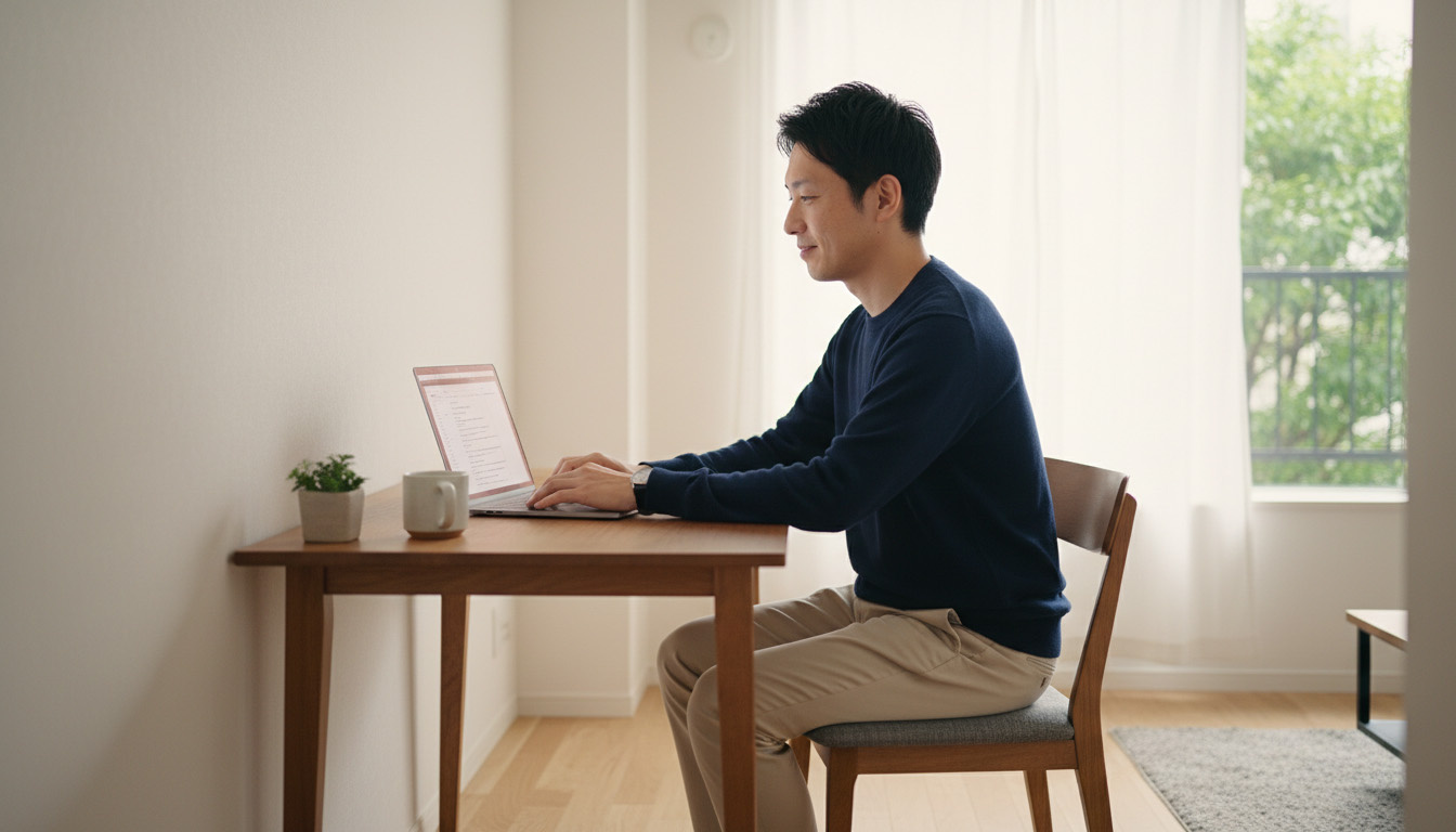 静かで暖かい快適な室内で、リラックスしてテレワークを行うビジネスパーソンのイメージ
