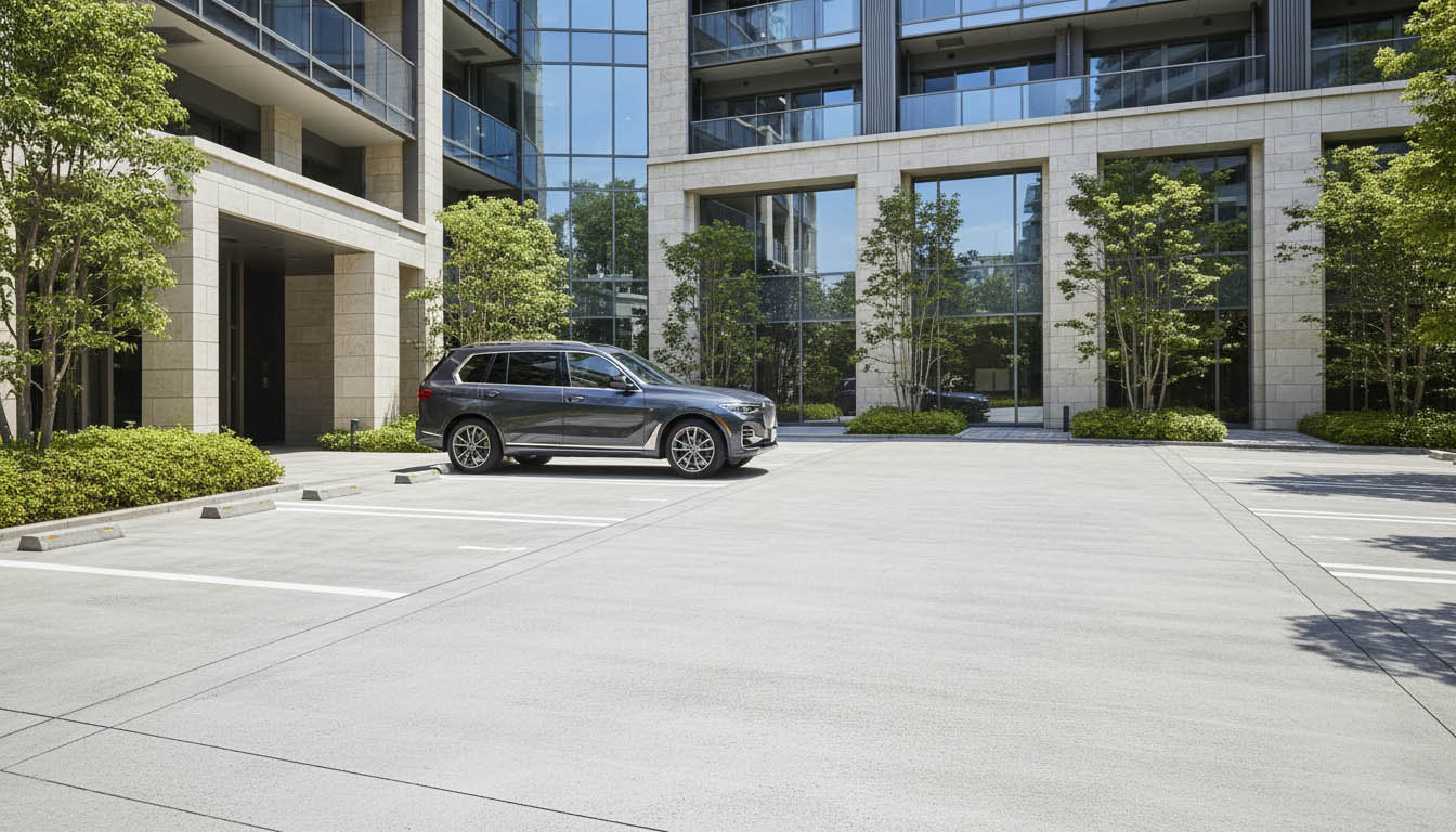 高級輸入車や大型SUVがゆとりを持って駐車できる、高級賃貸マンションの平面駐車場のイメージ