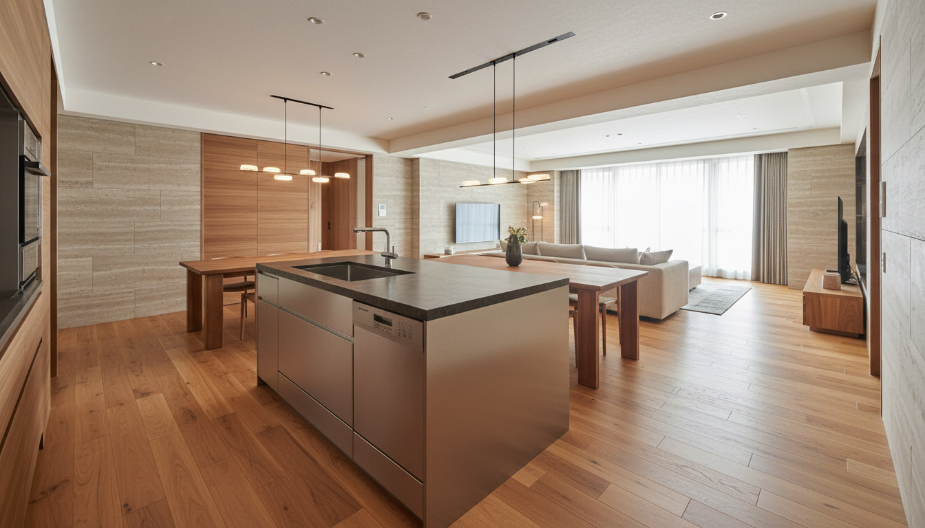 海外製大型食洗機を組み込んだ高級システムキッチンと、無垢材を使用したラグジュアリーなLDK