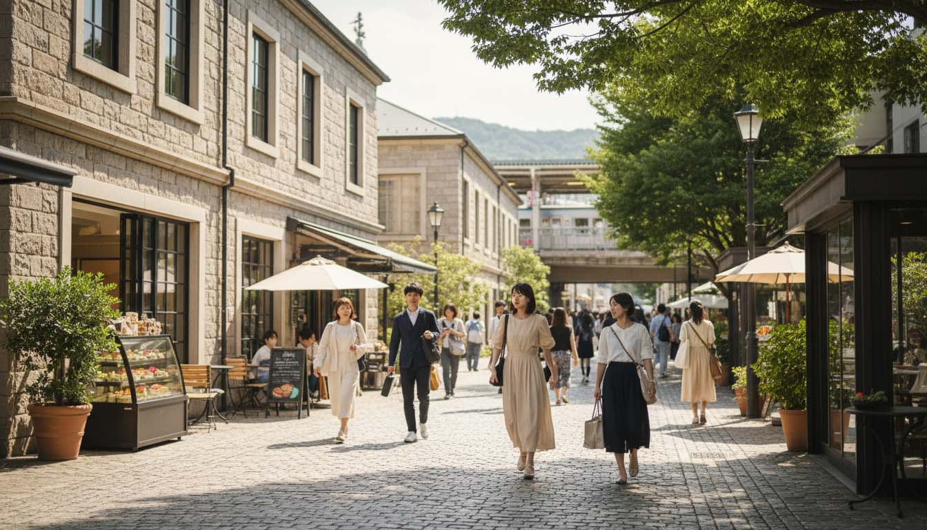 阪急岡本駅周辺の石畳の街並みと、おしゃれなカフェやスイーツ店を楽しむ若者たちのイメージ
