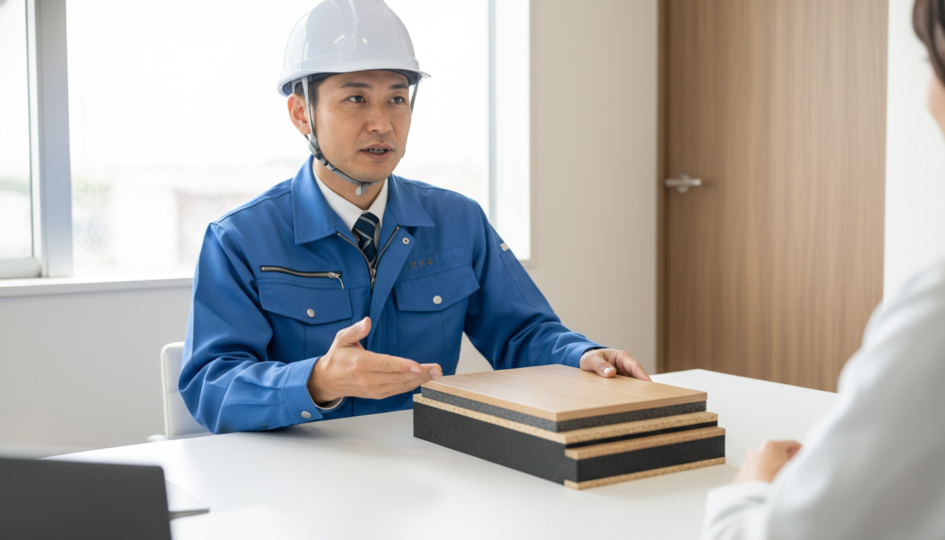 階下への騒音トラブルを防ぐための防音フローリングの構造を説明する建築士のイメージ