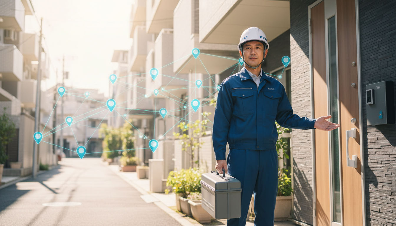 水漏れなどの緊急トラブルに、地域の職人ネットワークを活かして迅速に駆けつけるサポート体制のイメージ