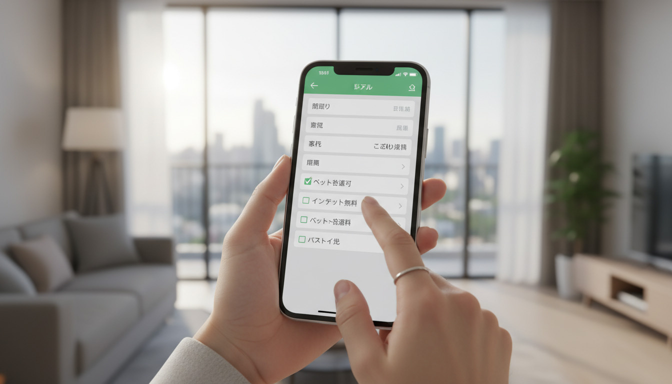 スマートフォンで賃貸ポータルサイトの希望条件にチェックを入れている入居希望者の手元