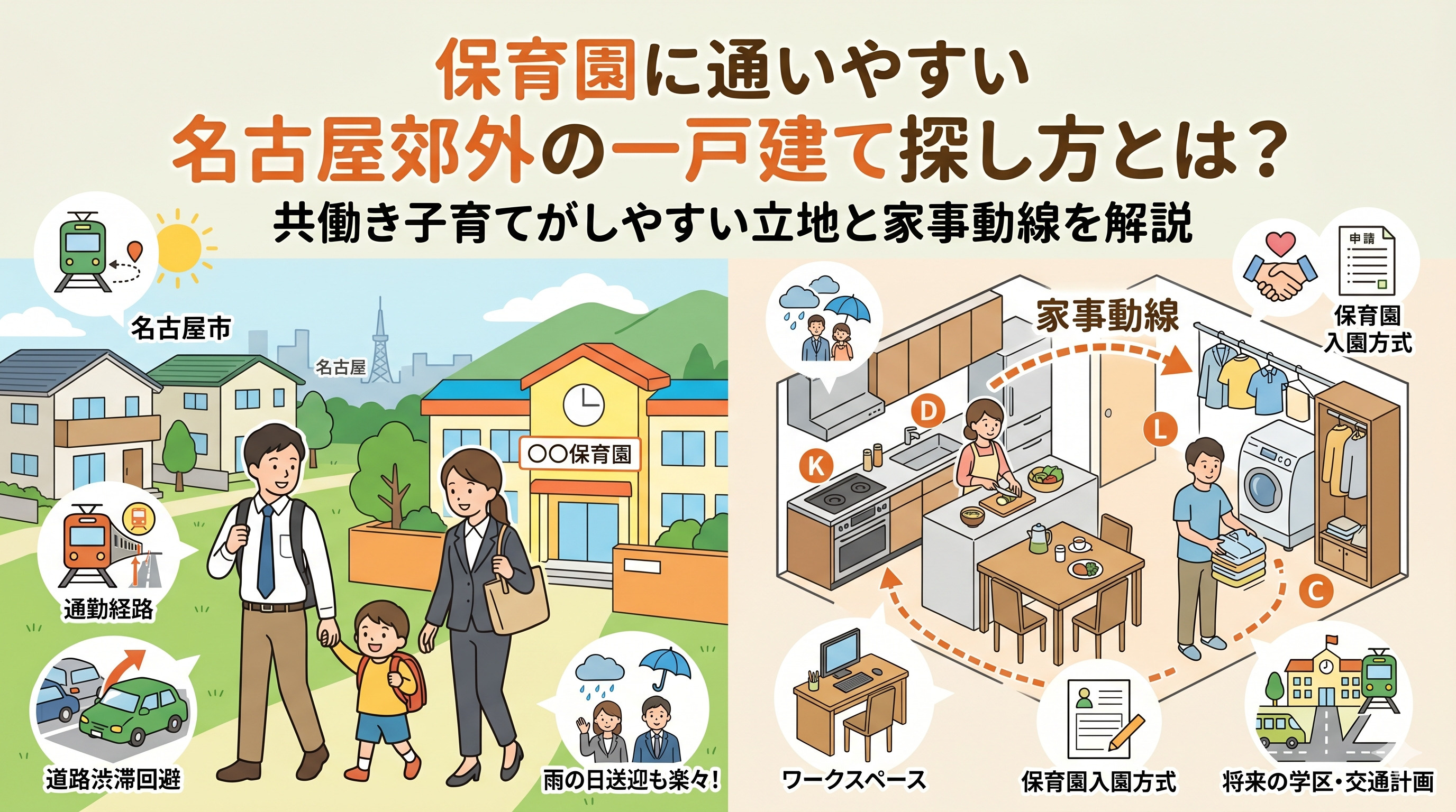 保育園に通いやすい名古屋郊外の一戸建て探し方とは？  共働き子育てがしやすい立地と家事動線を解説の画像