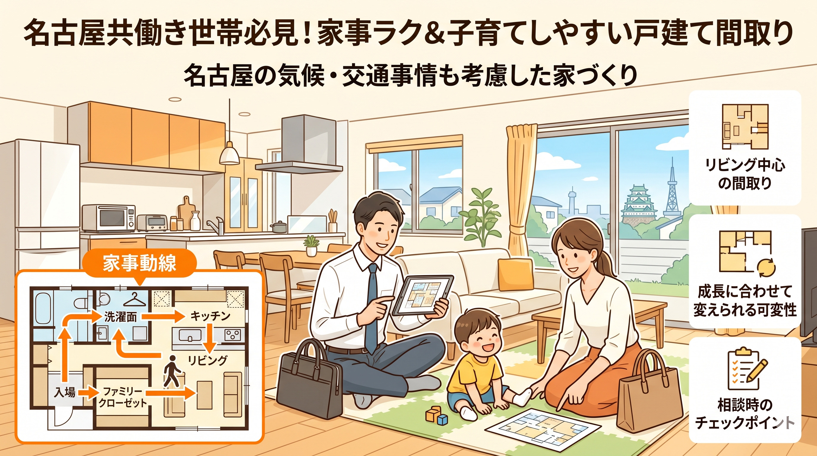 名古屋共働き世帯必見 家事動線の良い戸建て間取り  子育てしやすい名古屋の家づくりポイントの画像