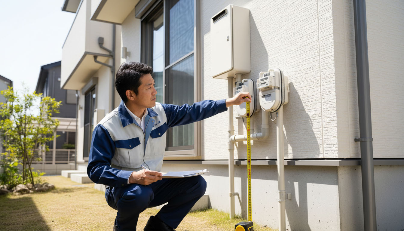 水害リスクに備えて、物件の基礎の高さや電気設備の配置をチェックする建築士の様子