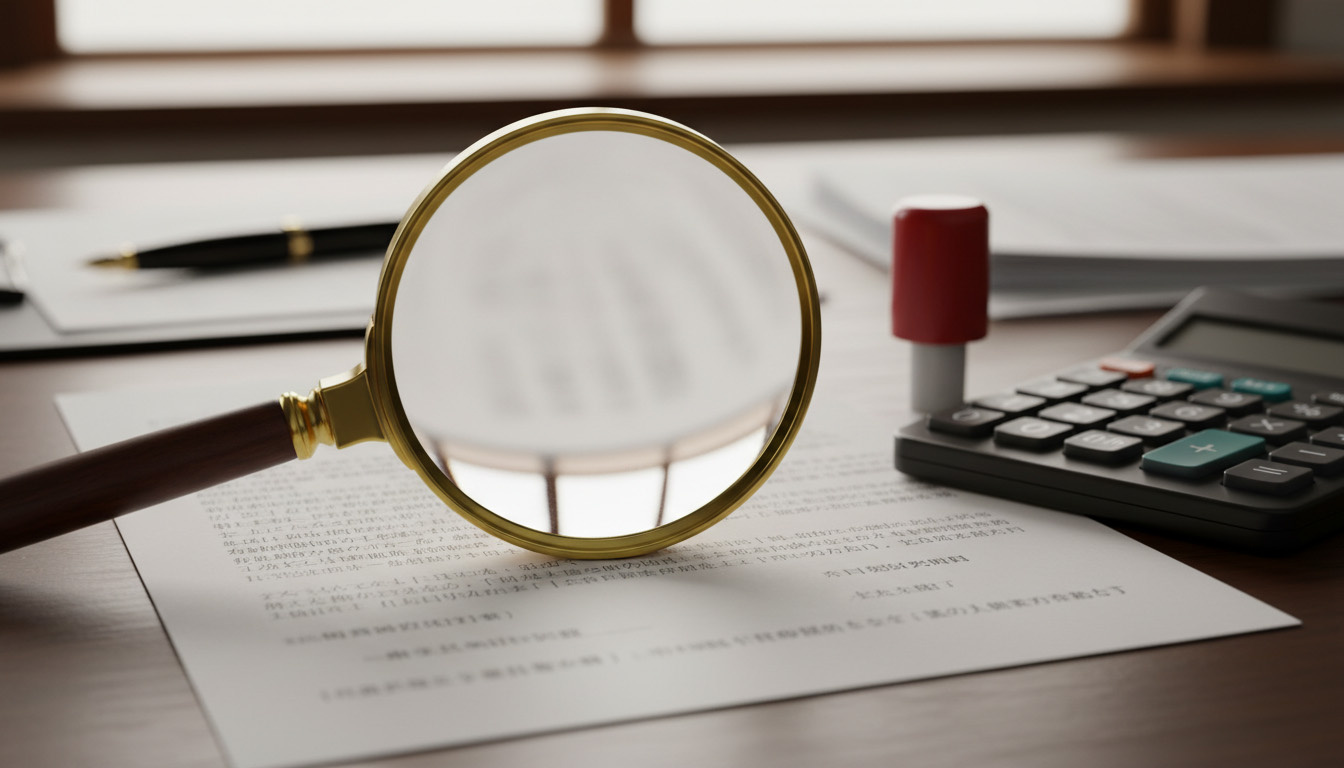 サブリース契約書に記載された家賃減額条項や免責期間の文字を虫眼鏡で確認するイメージ