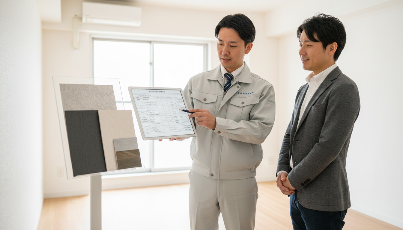 株式会社高翔の建築士が、適正価格で高品質な原状回復や設備修繕のプランをオーナーに提案する様子