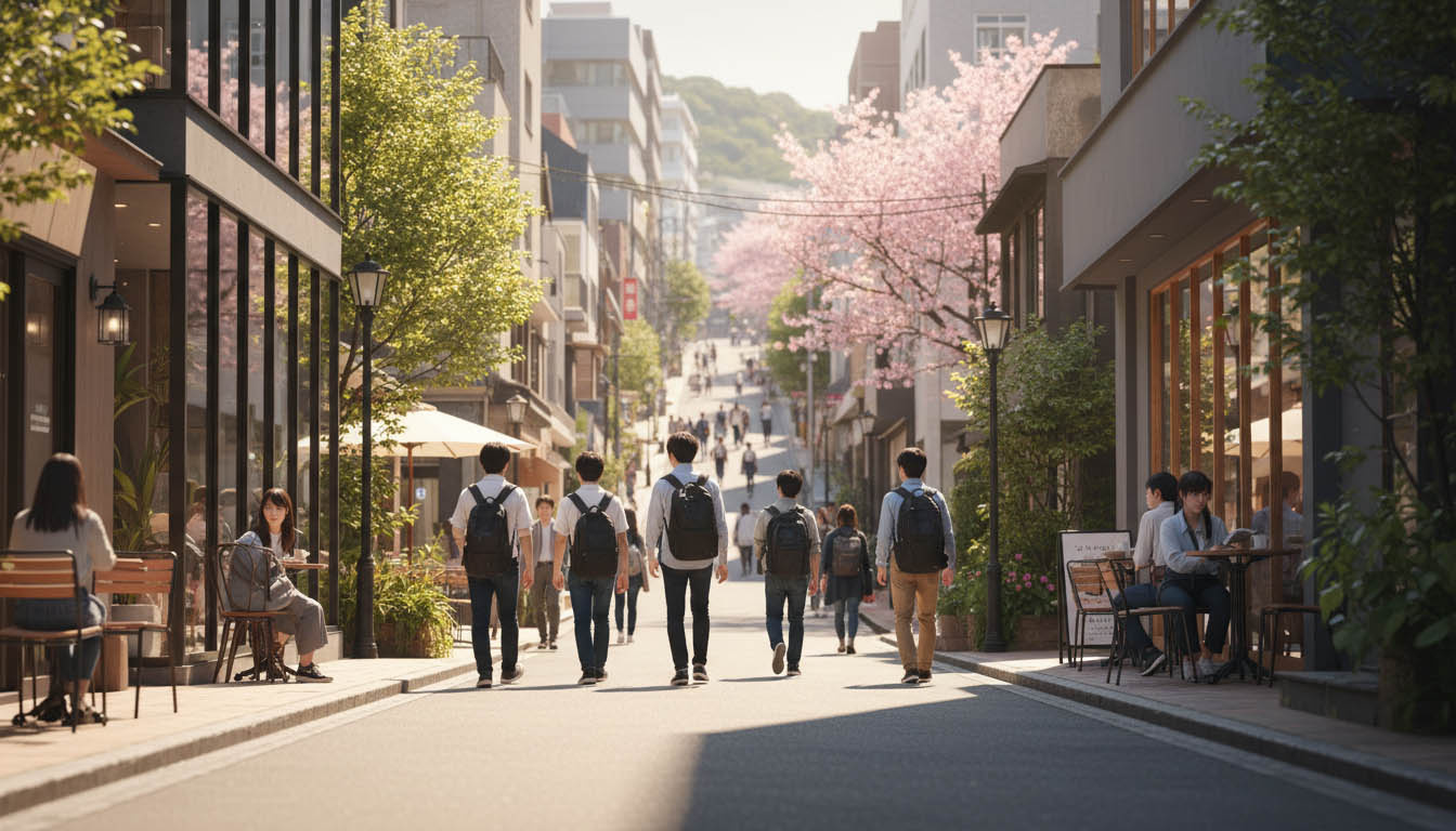 神戸大学へ向かう坂道と、カフェや学生で賑わう阪急六甲駅周辺の活気ある街並みのイメージ