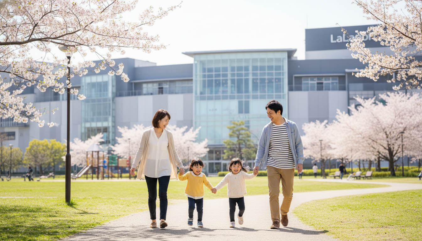 ららぽーと甲子園やららぽーと前の公園で、週末を楽しく過ごす30代の子育てファミリーのイメージ