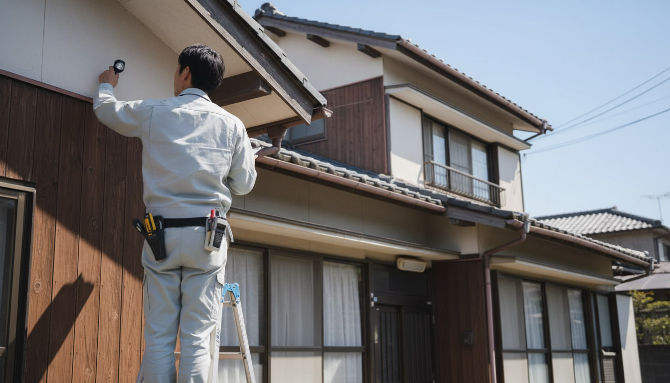 株式会社 高翔の建築士が中古戸建ての屋根裏や外壁を点検し、的確なリノベーションを計画する様子