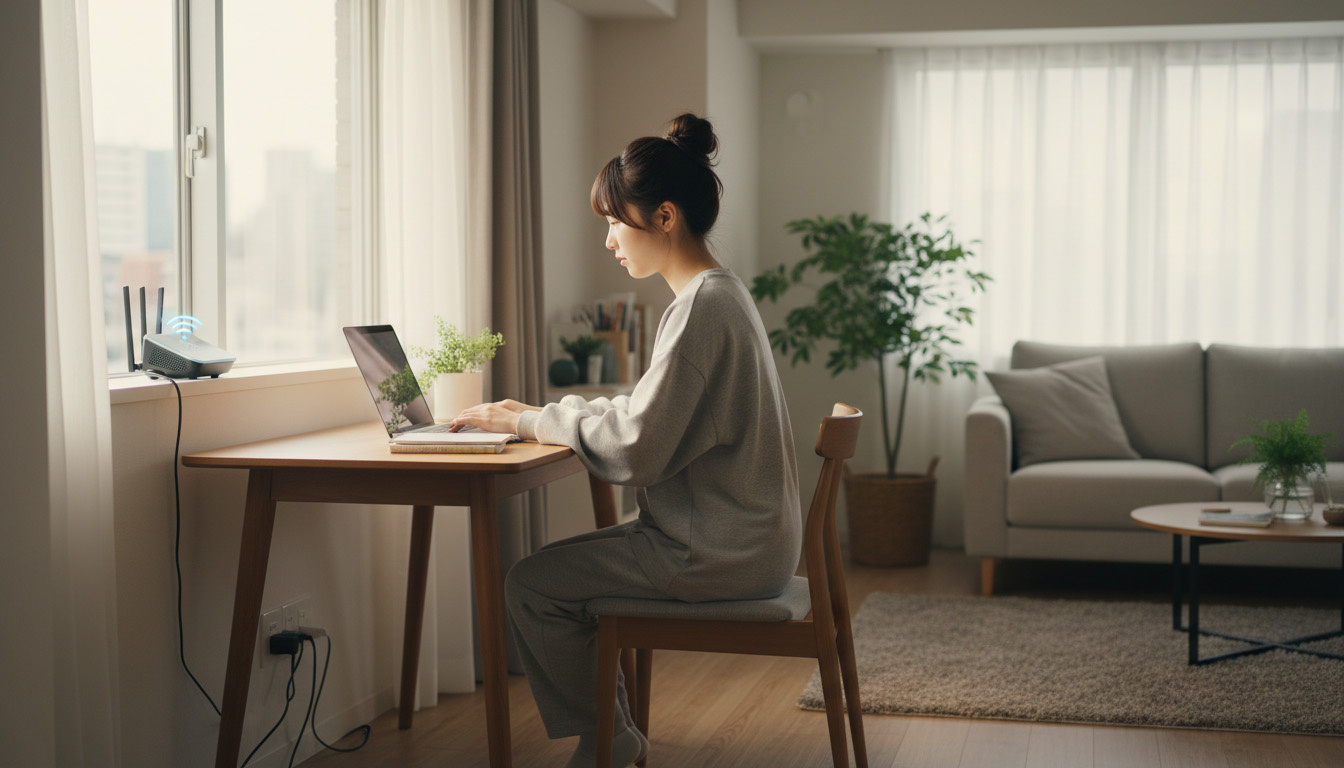 高速Wi-Fi完備のおしゃれな部屋で、パソコンやスマホを快適に使う現代の大学生のイメージ