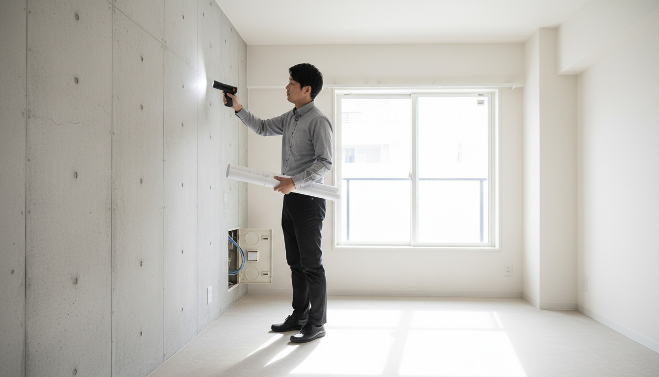 物件購入前に、株式会社 高翔の建築士が図面と現場を照らし合わせながらインスペクションを行う様子