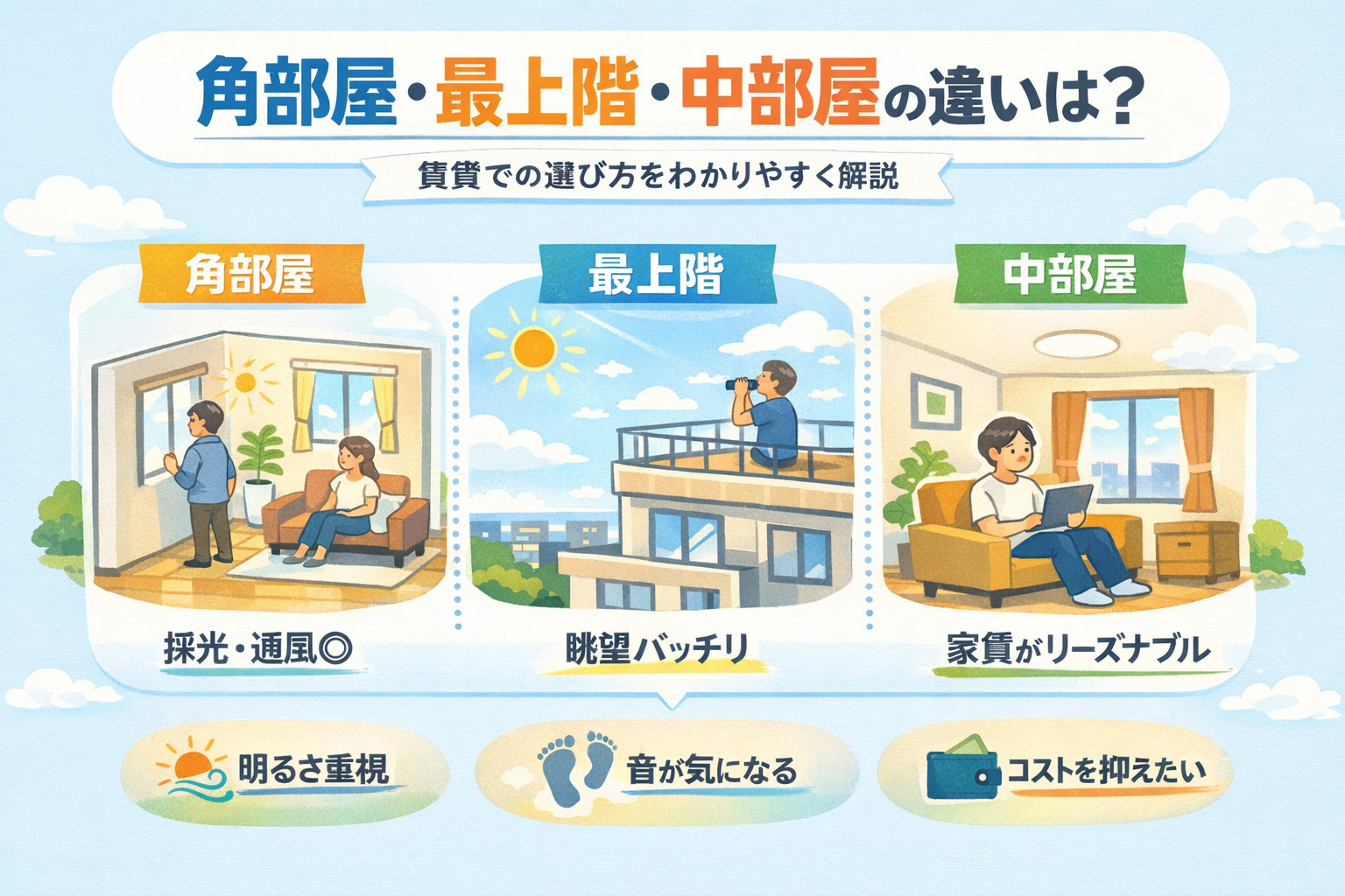 「角部屋・最上階・中部屋の違いは？賃貸での選び方をわかりやすく解説」の画像