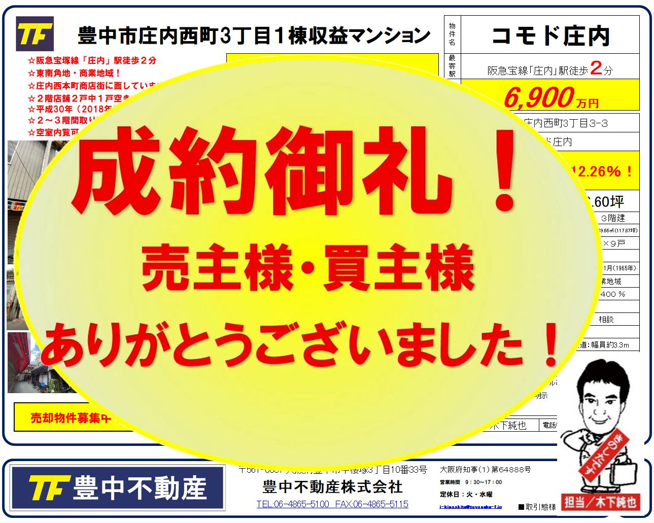 成約御礼‼　豊中市庄内西町3丁目１棟収益マンション！　売主様・買主様ありがとうございました！ 成約御礼 2026.03.31の画像