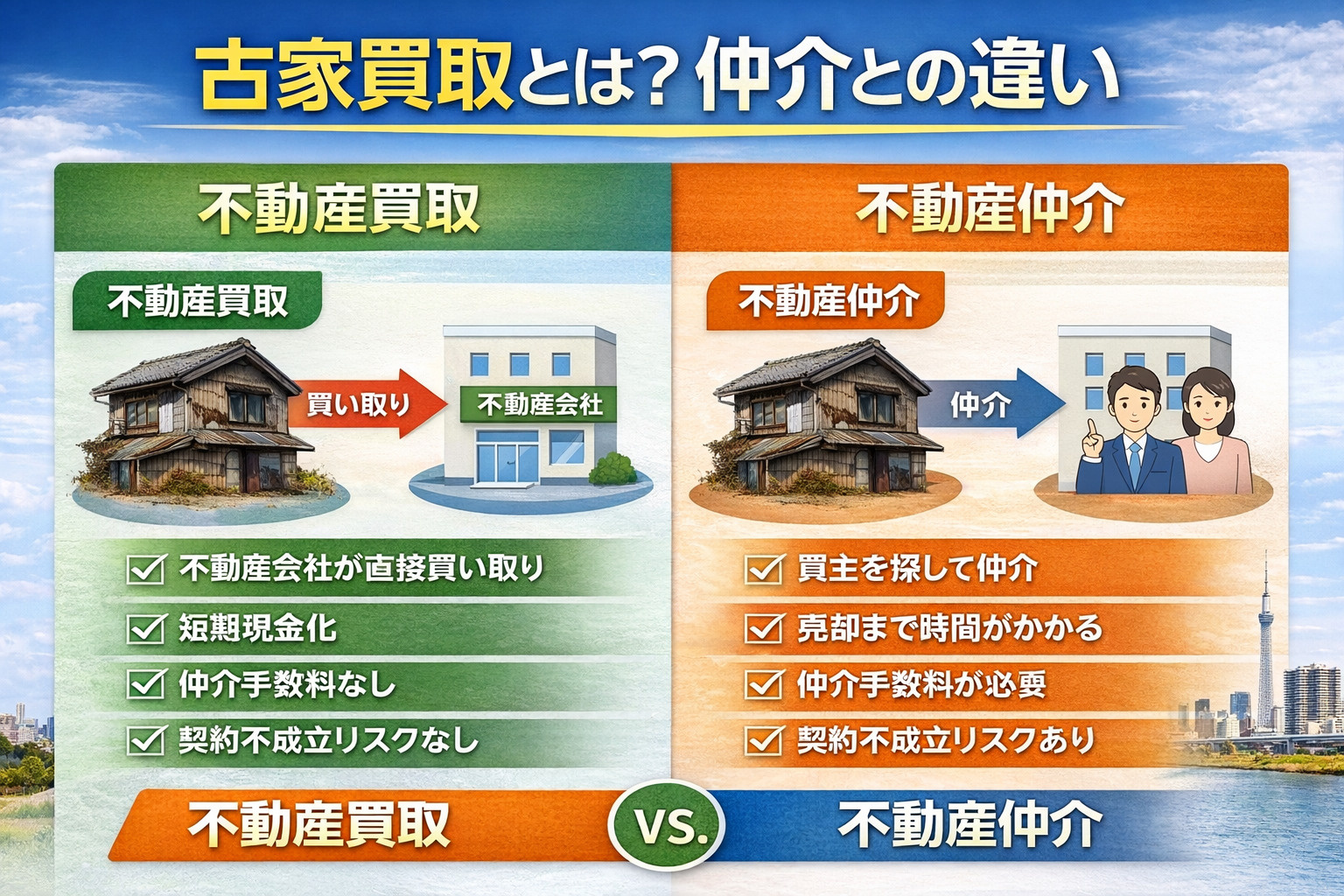 古家買取と仲介の違い比較図