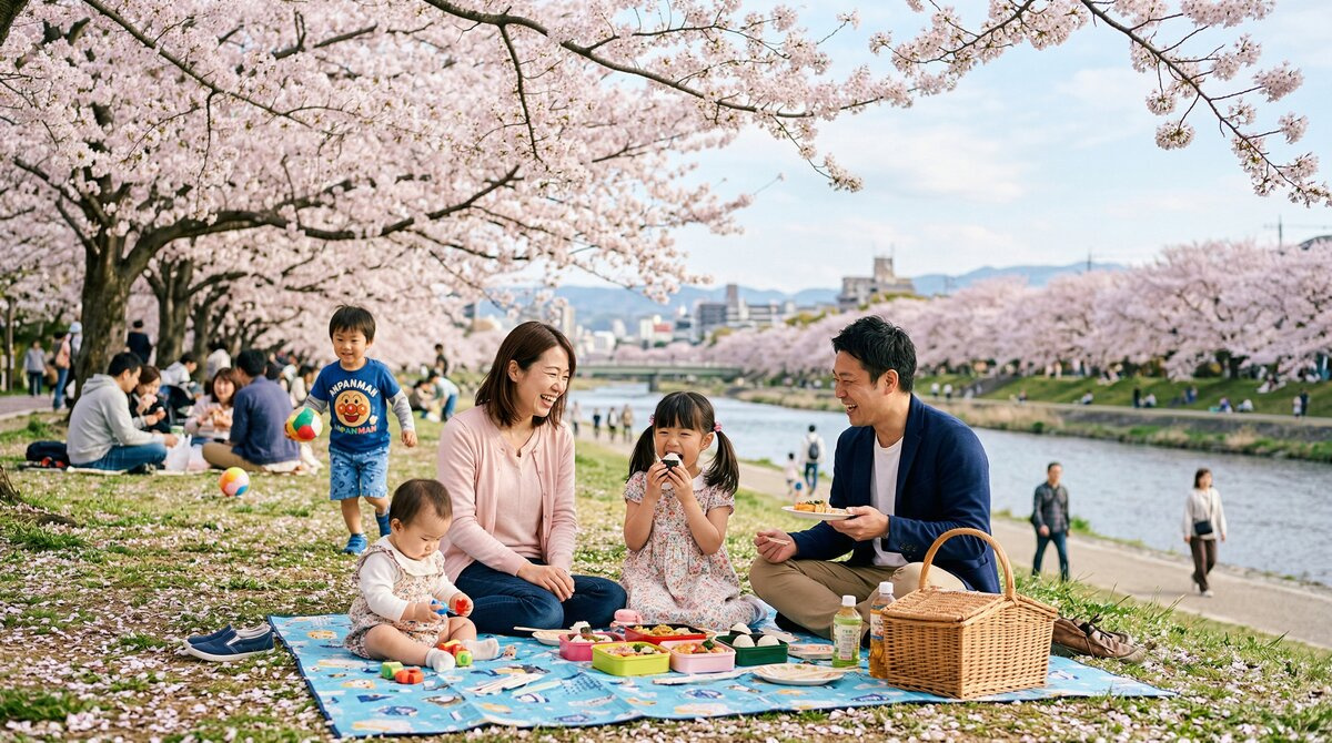 日本の公園・桜の下でくつろぐ家族