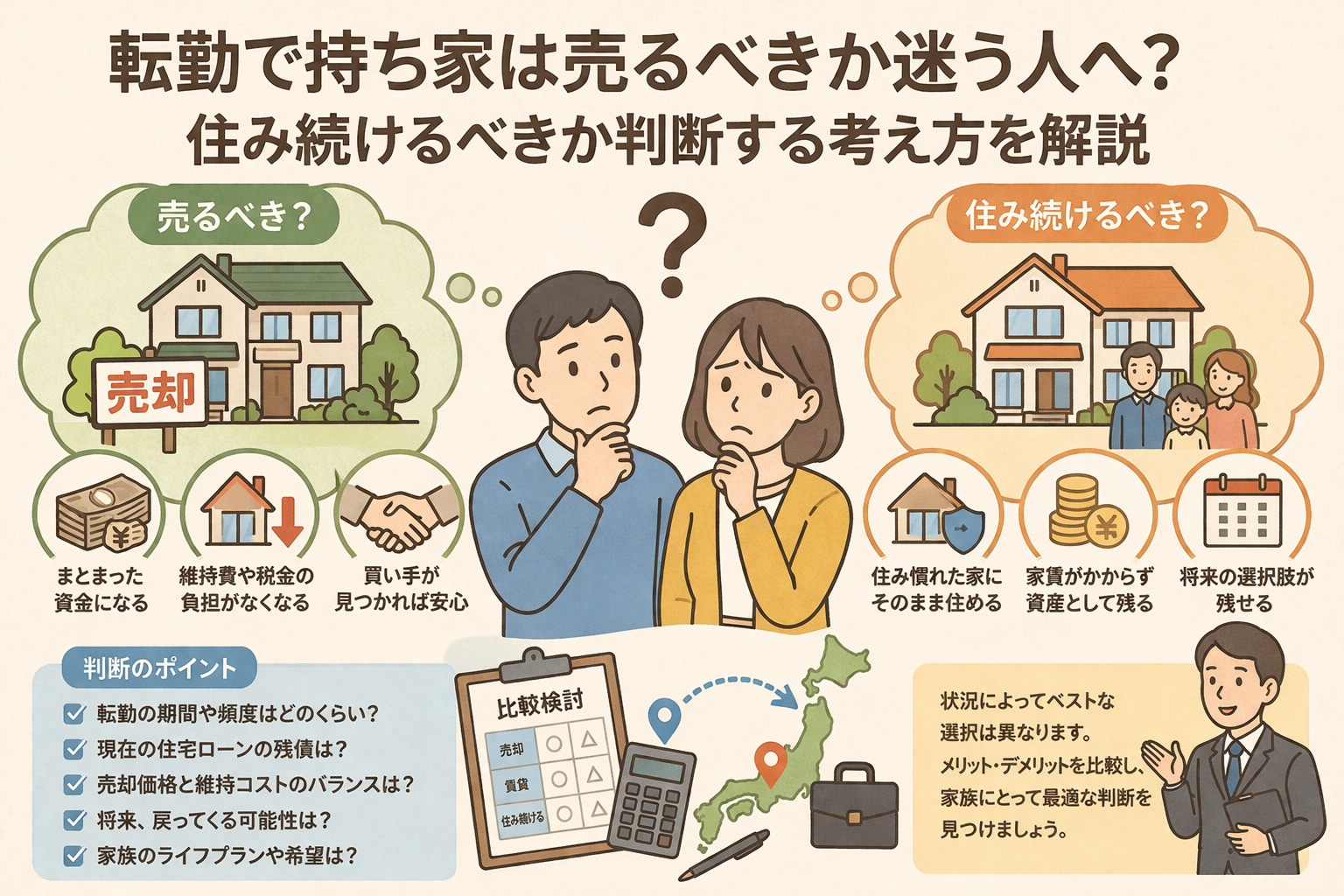 転勤で持ち家は売るべきか迷う人へ？  住み続けるべきか判断する考え方を解説の画像
