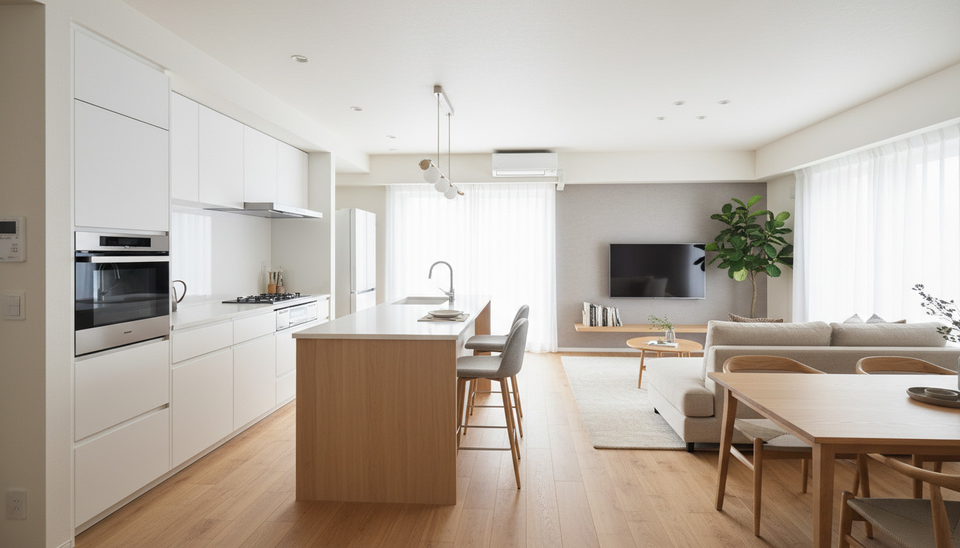 株式会社 高翔の技術で、防音フローリングや対面キッチンなどファミリー向けに美しくバリューアップされた室内