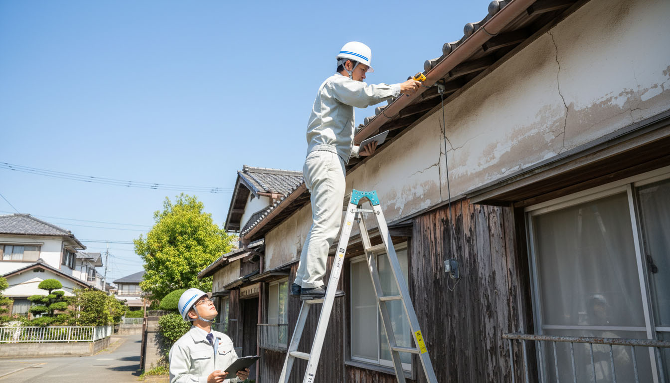 株式会社 高翔の建築士が、築古木造アパートの屋根や外壁の修繕状況を厳しくインスペクションする様子