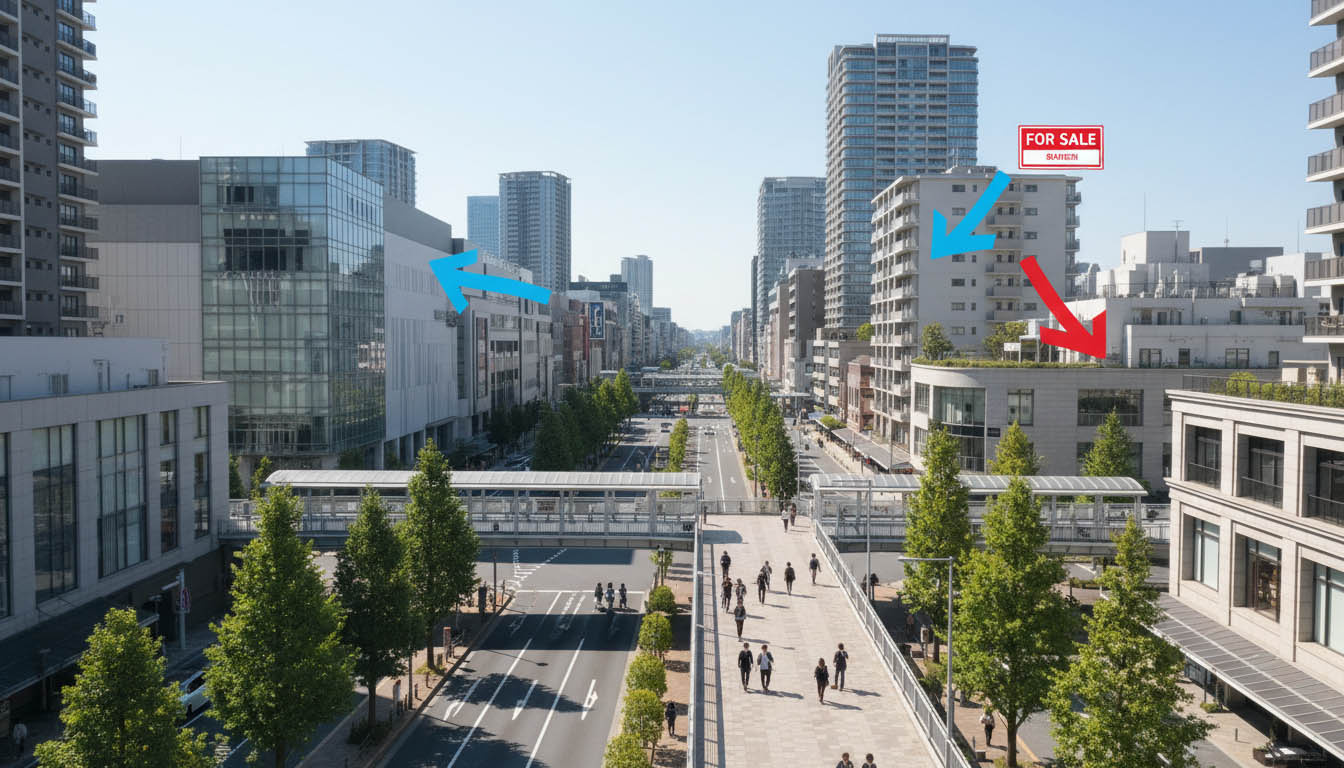西宮北口駅周辺の活気ある街並み。優良物件が市場に出るとすぐに買い手がつく激戦区のイメージ