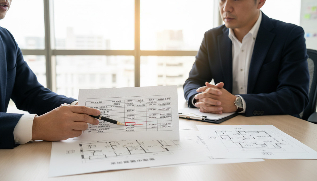 株式会社 高翔の建築士が算出した修繕見積もりをベースに、指値の根拠を組み立てる打ち合わせの様子