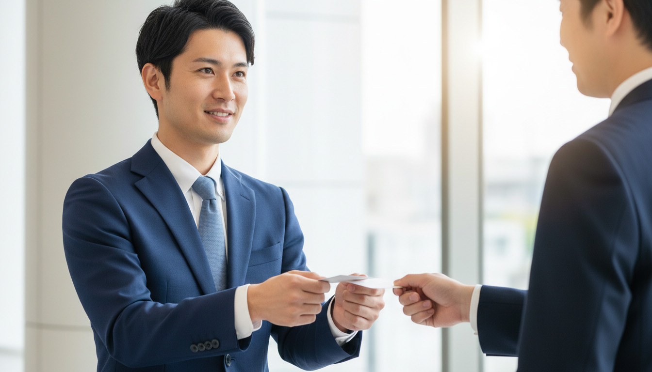 清潔感のあるスーツ姿で、銀行の融資担当者と名刺交換をする投資家のイメージ