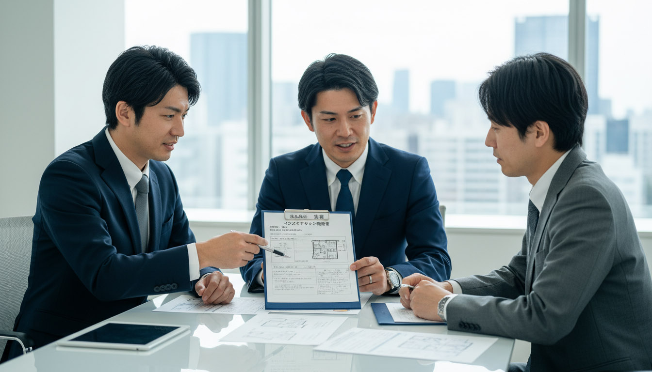 株式会社 高翔のインスペクション報告書を広げ、修繕計画の確実性を銀行担当者に説明する様子
